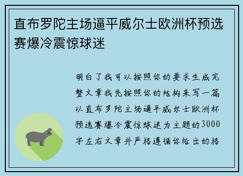 直布罗陀主场逼平威尔士欧洲杯预选赛爆冷震惊球迷